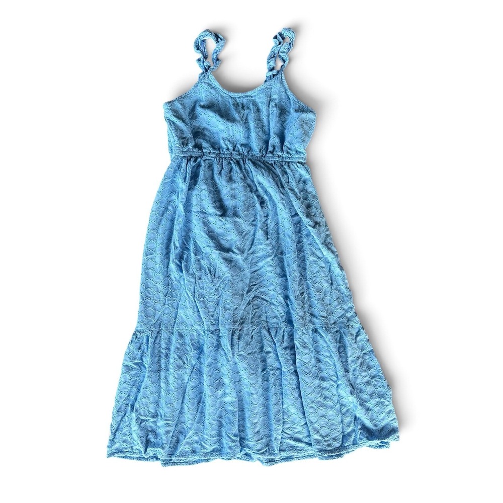 Light Blue Eyelet Lace Ruffle Strap Tiered Midi Dress Smocked Back Sleeveless